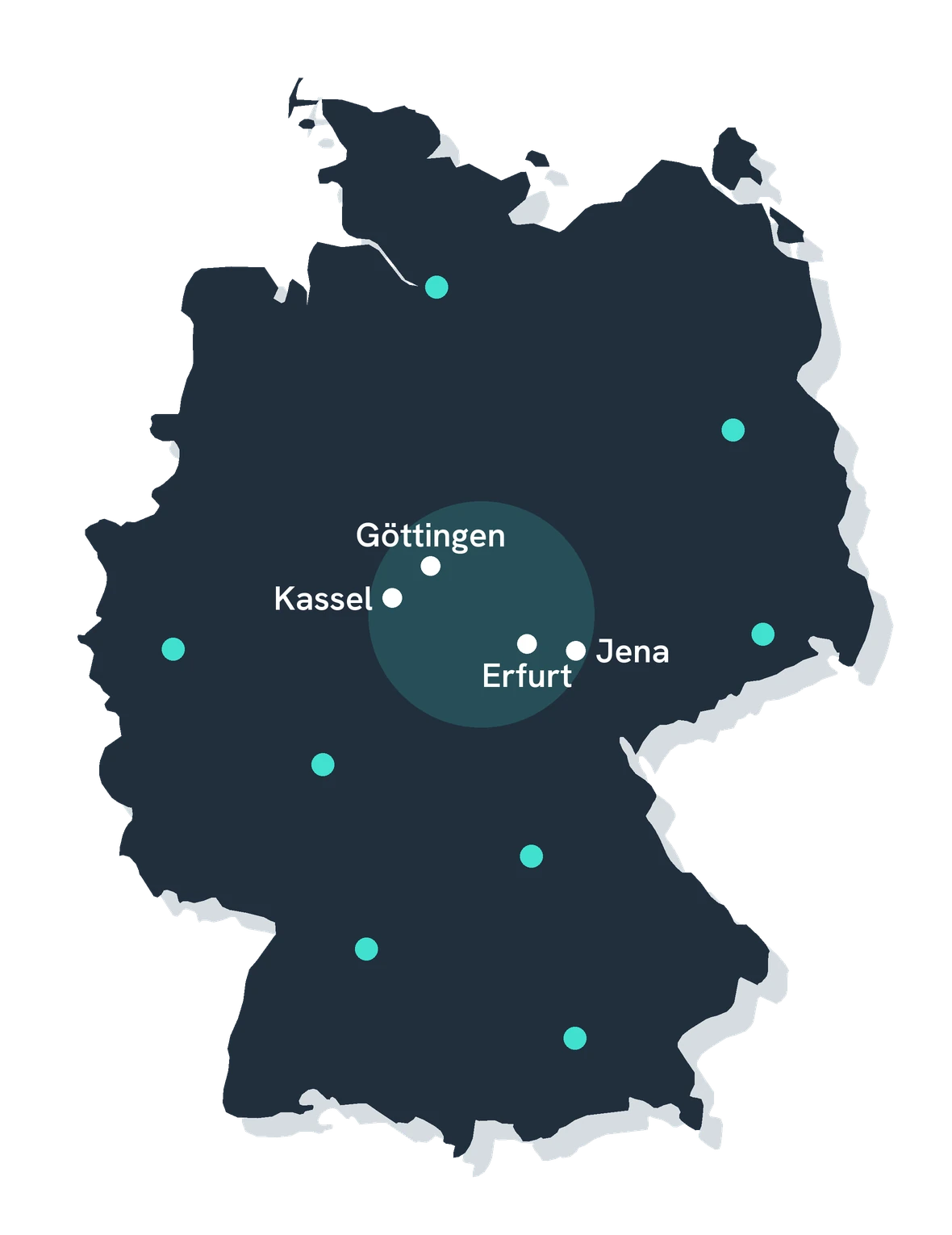 Deutschlandkarte: Einsatzorte in ganz Deutschland, regionale Schwerpunkte Kassel, Göttingen, Eichsfeld, Erfurt und Jena